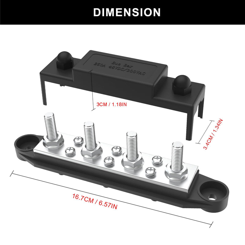 Upgraded Bus Bar 250A 12V Power Distribution Block with 5/16" (M8) 4-Posts Terminals Block with Cover for Automotive, Marine, Battery System (Black) 5/16" - Black