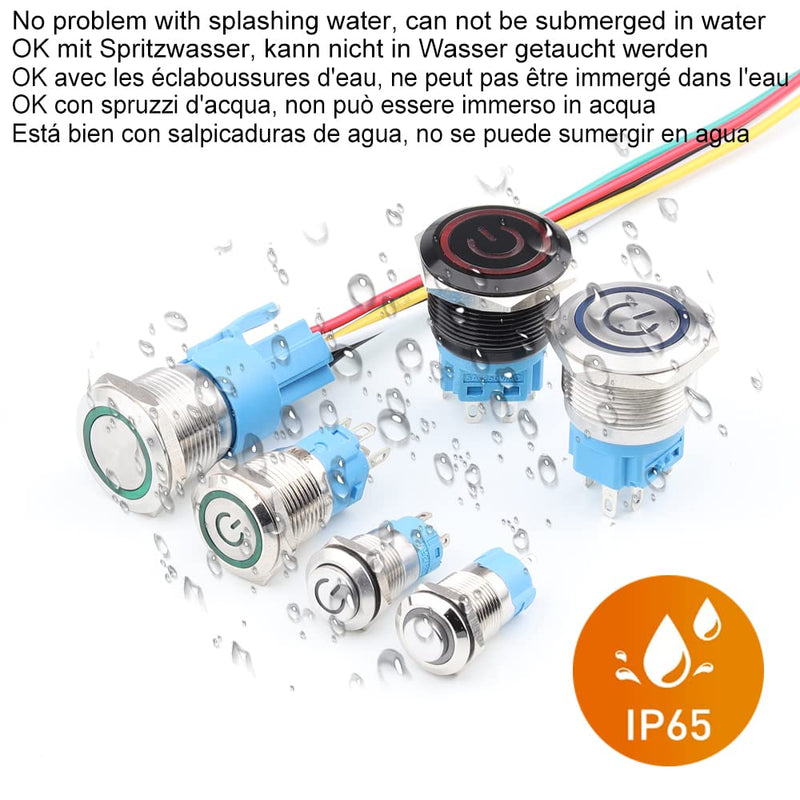 Gebildet Pack of 4 12mm Stainless Steel Button 3V-4.5V-5V-6V-7.5V-9V/5A LED 1NO SPST On/Off Waterproof with Cable Socket Plug (Blue LED) Blue (5v-9v)