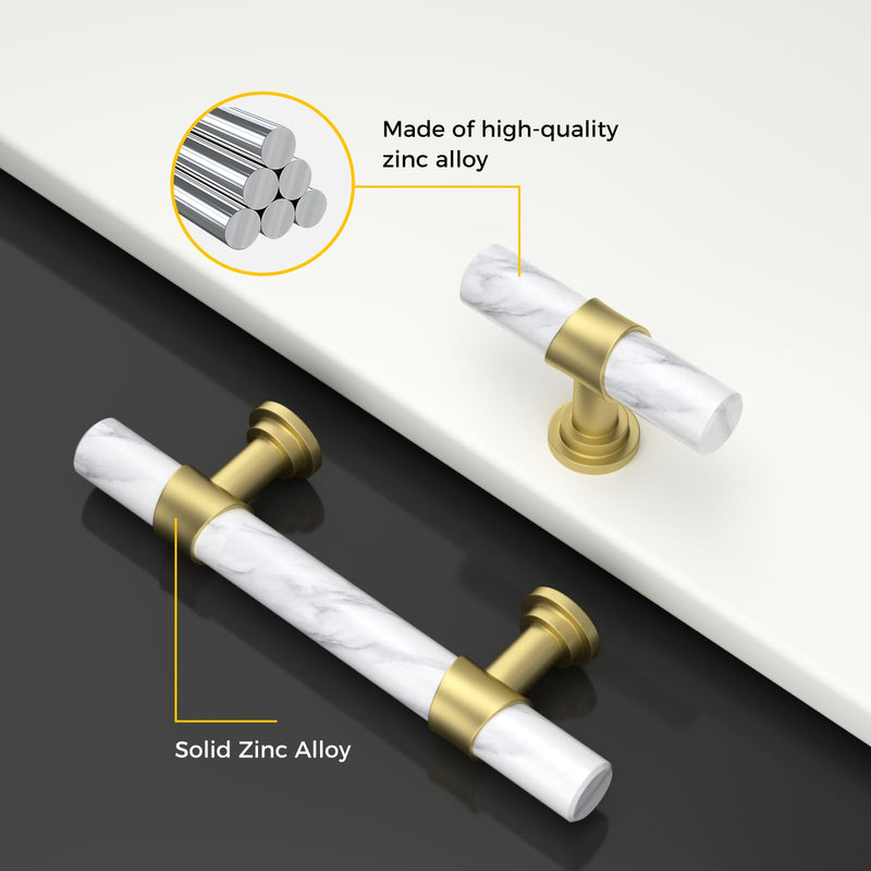 Rergy Cabinet Handles Marble Drawer Pulls and Knobs, 10Pack White Marble & Matte Gold Single Hole, T-Bar Hardware for Kitchen Dresser Zinc Alloy Furniture 10