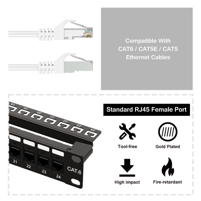 iwillink 10Gbps Patch Panel 24 Port, RJ45 Through Coupler Cat6 Patch Panel UTP 19-Inch 1U with Back Bar, Wallmount or Rackmount, Compatible with Cat5, Cat5e, Cat6 Cabling 24-Port