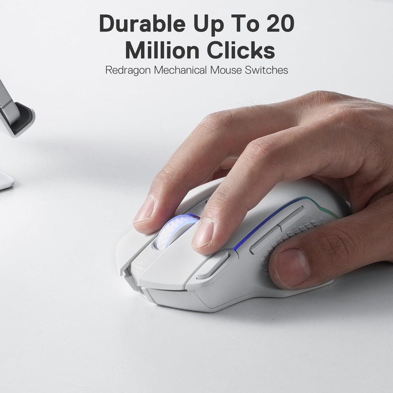 Redragon M810 Pro Wireless Gaming Mouse, 10000 DPI Wired/Wireless Mouse w/Rapid Fire Key, 8 Macro Buttons, 45-Hour Power Capacity and RGB Backlit for PC/Mac/Laptop White