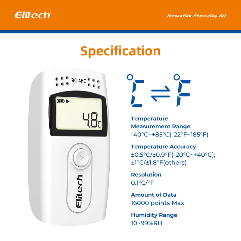 Elitech USB Thermometer Hygrometer Thermo-Hygrometer Humidity Meter Humidity Monitor Indoor/Outdoor Temperature Meter Thermostat Sensor Probe RC-4HC