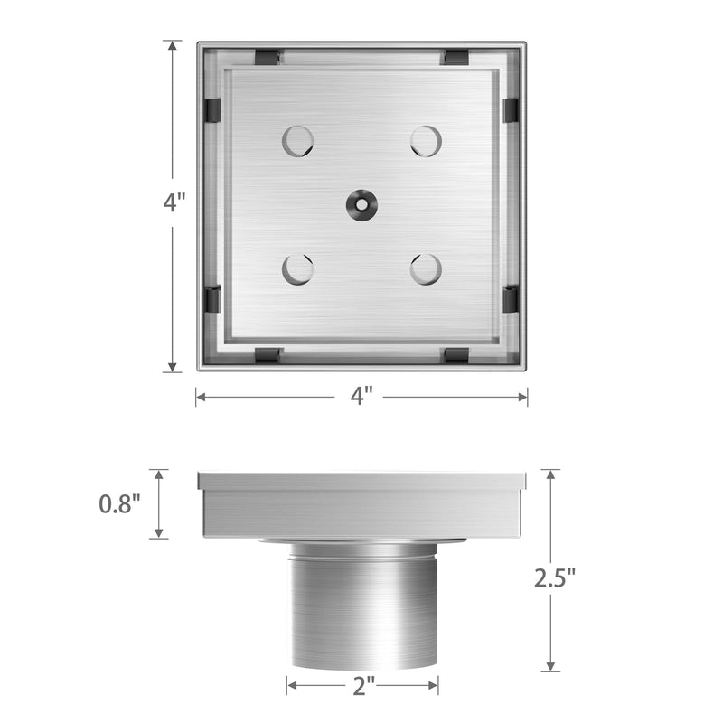Sharpeye 4 Inch Square Shower Drain with Removable Tile Insert Grate, Brushed 304 Stainless Steel Square Shower Floor Drain, Includes Hair Strainer, CUPC Certified Brushed Stainless Steel