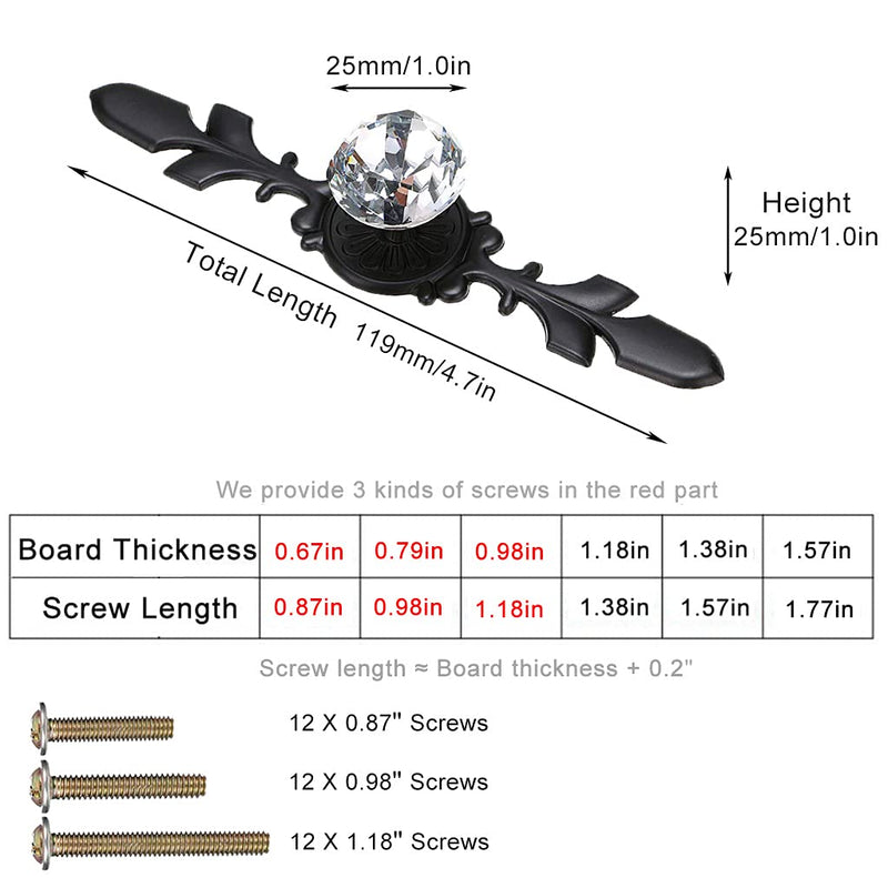 12 Pack Black Diamond Clear Crystal Glass Decorative Knobs with Plate,Drawer Dresser Knobs Pulls Handles with 3 Kinds of Screws for Kitchen Bathroom Office (12 Pack, Small, Black) 12 Pack Small - 4.7inch