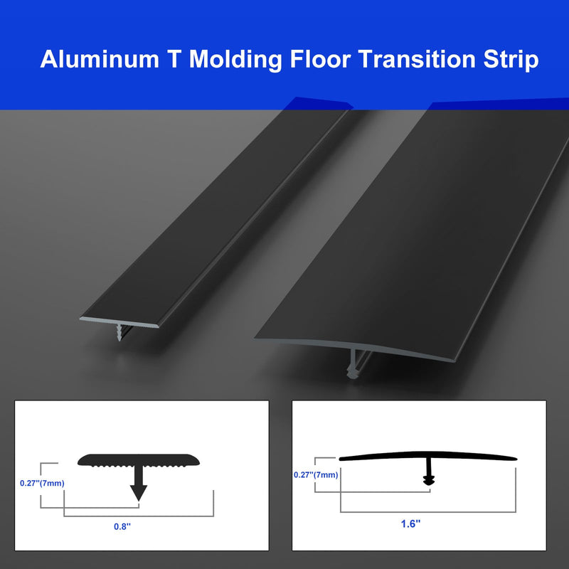 NeatiEase T Molding Floor Transition Strip, Aluminum Laminate Floor Strip Floor Flat Divider Strip for Joining Floor Gaps, Threshold, Floor Tiles, Black, 4ft x 1.6in (3pcs) 3pcs, 4ft x 1.6in