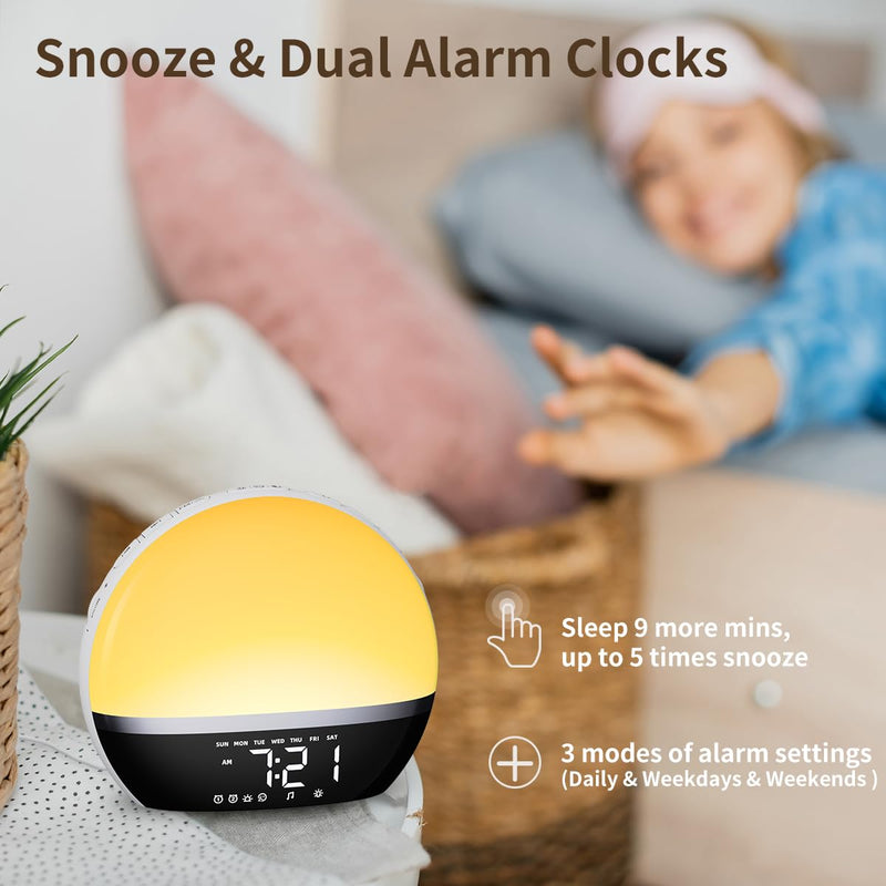 FM Radio Sunrise Alarm Clock Sound Machine Wake-Up Light Sunrise Sunset Simulation Adjustable Volume Brightness Sleep Aid 13 Colors 23 Sounds 28 Tunes Snooze Dual Alarm 4 Timers