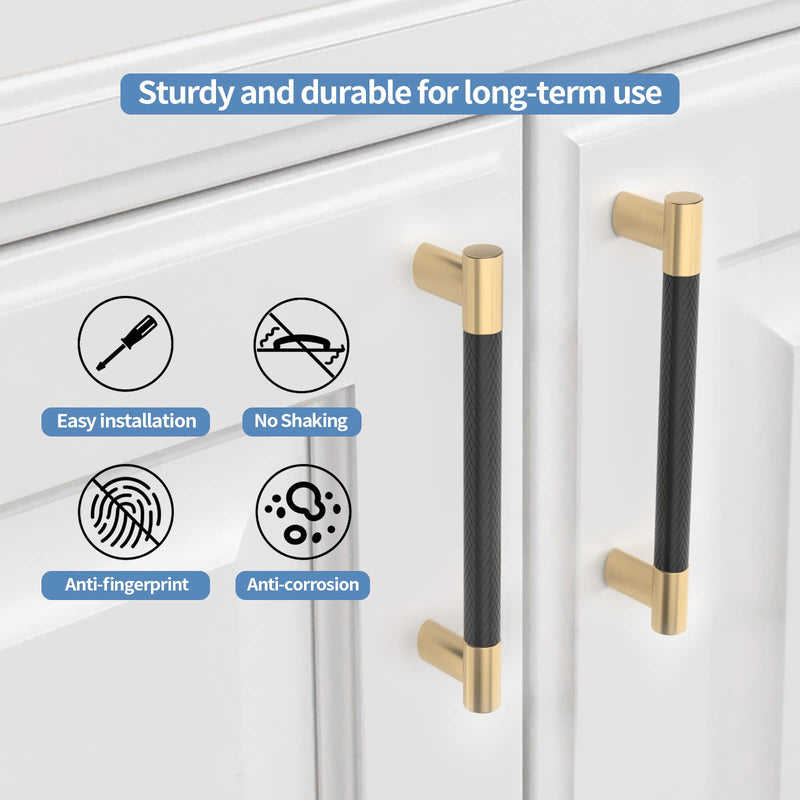 10 Pack 3''(76mm Hole to Hole) Black and Gold Cabinet Pulls, Knurled Brushed Gold & Matte Black Cabinet Handles for Kitchen Drawers, Bathroom Vanity, Dresser - Heavy Duty Zinc Alloy Hardware 3" Hole Center 10 Pack