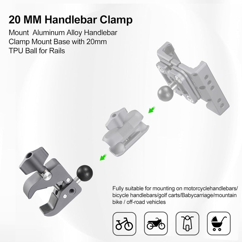 FANAUE 2 Pack Aluminum Alloy Handlebar Clamp Mount Base with 20mm Ball Head Adapter for Rails 0.5'' to 2'' Diameter Compatible with 20mm Ball Double Socket Arm & Bike Motorcycle Phone Holder