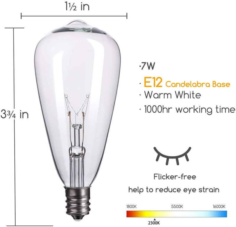25-Pack Edison Replacement Light Bulbs,7-Watt E12 Candelabra Base ST40 Replacement Clear Glass Light Bulbs for Outdoor Patio ST40 String Lights, Warm White E12 Bulbs - 25 PC