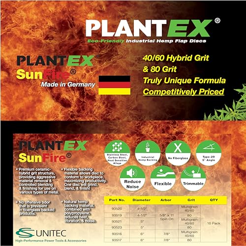 CS Unitec PLANTEX SunFire Ceramic Trimmable Flap Disc, Eco-Friendly 80 Grit Grinding Wheel, 4.5" Dia., 5/8" x 11 Hub, Made in Germany, 10 Pack Abrasive Wheels 4.5" 80 Grit, 5/8"x11 Hub