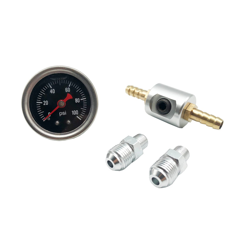 1/8" NPT Back Mount, Fuel Pressure Gauge Glycerin Filled,1-1/2" Dial Size, 0-100 Psi,with 6AN to 1/8 NPT Fitting Adaptor Kit, Universal, Polished Case,Liquid Filled