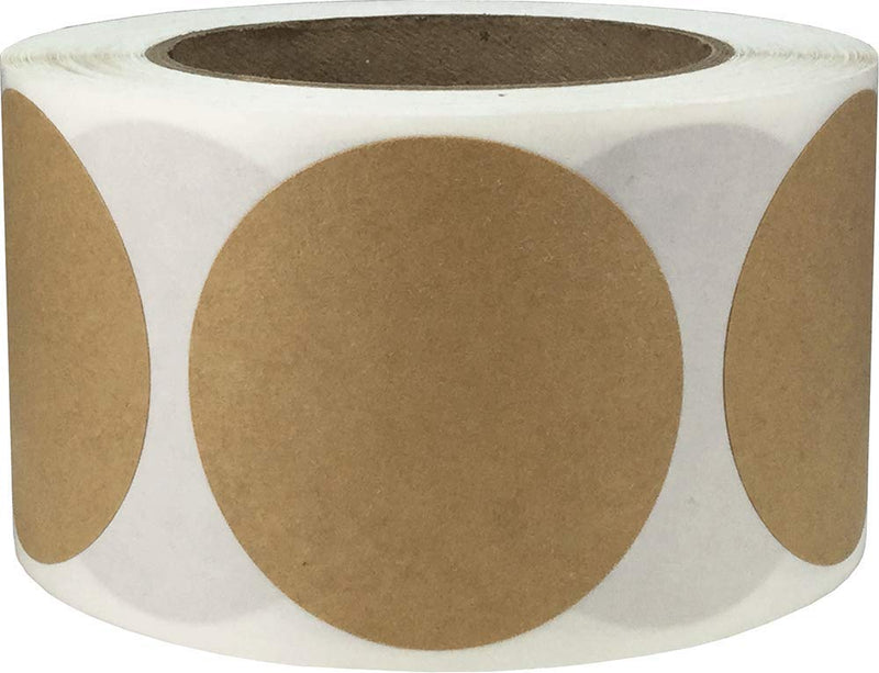 Brown Natural Kraft Color Coding Labels – 2.5 Inch Round Circle Dots, 500 Total Adhesive Round Stickers on a Roll for Inventory, Organization, Retail, and Warehouse – Made in the USA
