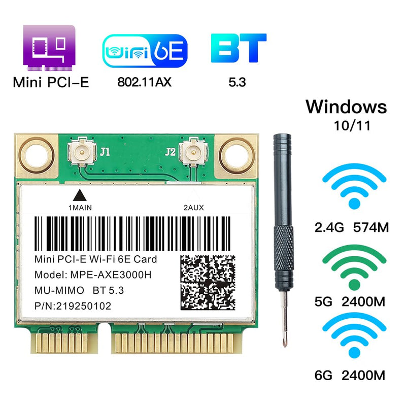 WiFi 6E Half Mini PCI-E WiFi Network Card 802.11AX AC MPE-AXE3000H 2.4GHz 5GHz 6GHz 5400Mbps Wireless Card BT5.2 MU-MIMO Mini PCIe Wi-Fi 6E Adapter OFDMA vPro for Windows 10/11 PC Laptops