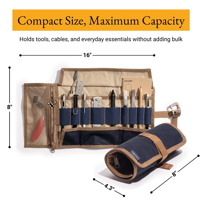 LOCHBY® Art & Electronic Organizer | EDC Roll-Up Tool Bag for Pen Lovers & Tech | Multi-Pocket with Elastic Loops for Pens, Cables, External Hard Drives | Stylish Waxed Canvas & Durable Aluminum Hooks Nautical