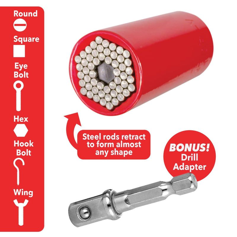 Red Dog Socket w/ Drill Adapter, Fits Most Nuts & Bolts, Use with Socket Wrenches & Power Drills, Steel Rods Form Any Shape, Standard or Metric, 2 In.