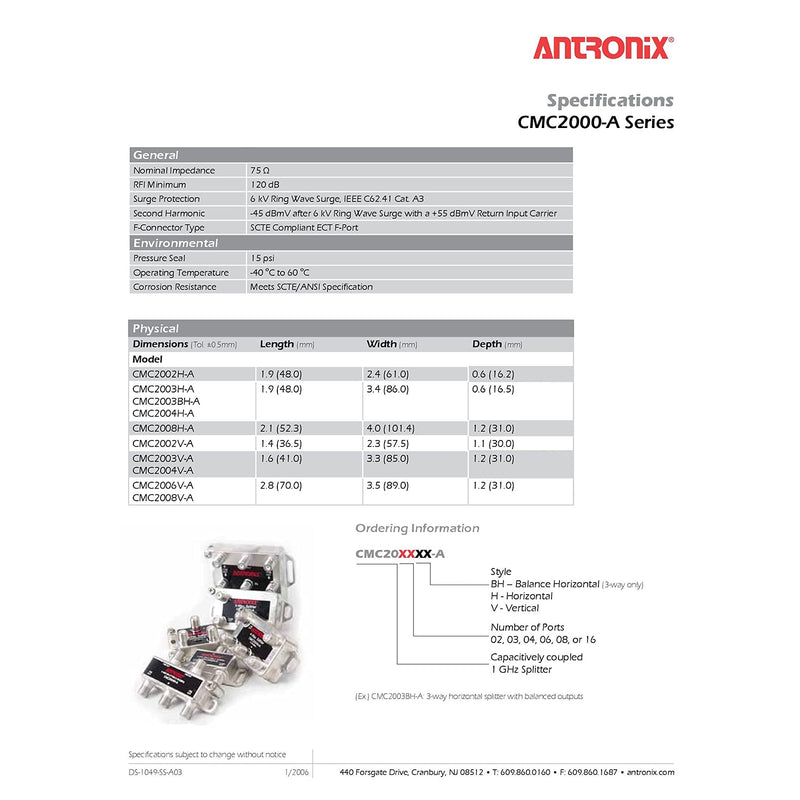 Antronix A Series CMC2000H-A 2-Way Horizontal Splitter 1 GHz 5-1002 MHZ MoCA Capable