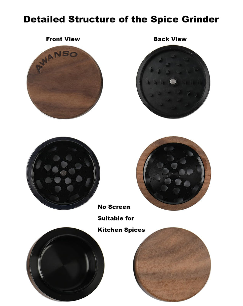 3-Piece Grinder, 2.5" Walnut Wood and Aluminum Grinder for Kitchen Spices Brown 2.5"
