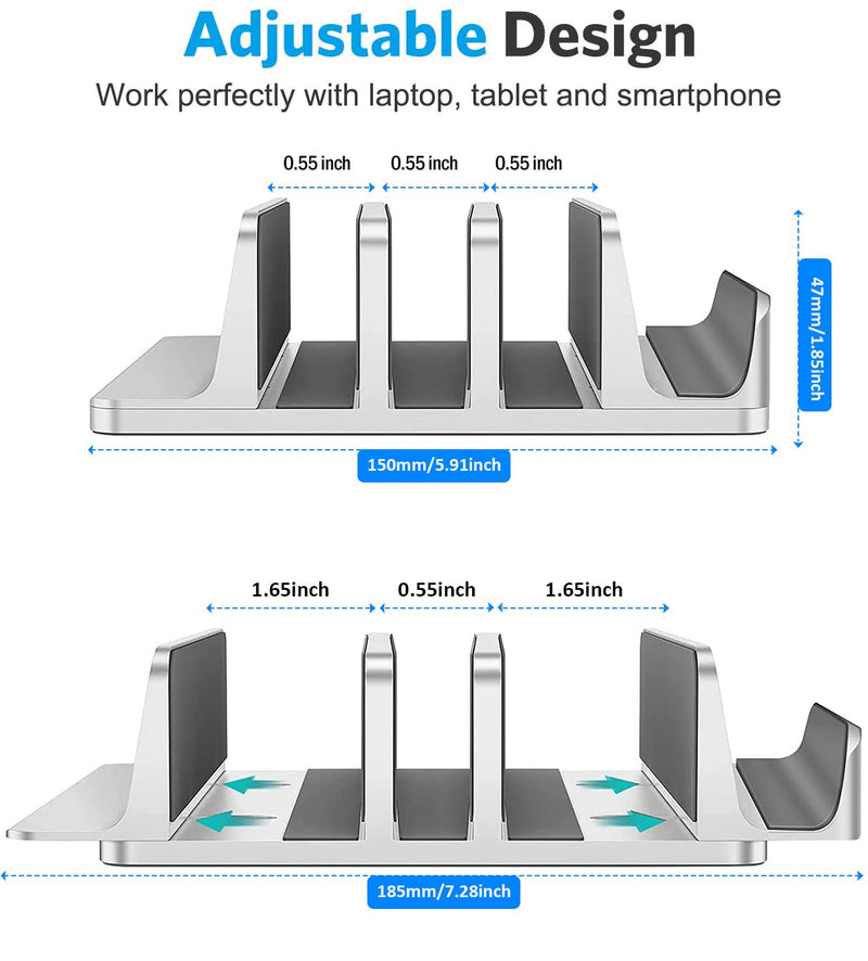 Vertical Laptop Stand [Updated Version],3-Slot Desktop Stand Holder with Adjustable Dock,4 in 1 Design Aluminum Space-Saving Laptop Stand for Desk MacBook/Surface/Samsung/HP/Dell/Chrome Book (Silver)