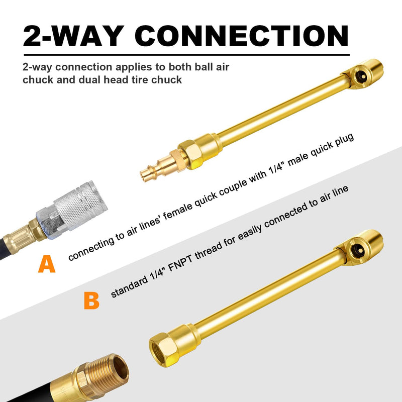 5-Pack Dual Head Air Chuck Set, 1/4 Inch Female NPT Closed Ball Tire Chuck with 2 Standard Male Quick Plug, 2 Way Connection Tire Air Fill Kit for Tire Inflator Gauge and Air Compressor Air Chucks