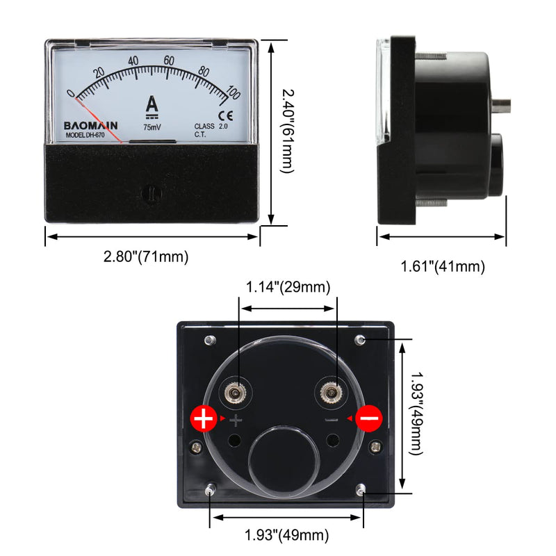 Baomain DH-670 DC 100A Analog Amp Panel Meter Current Ammeter with 75mV Shunt