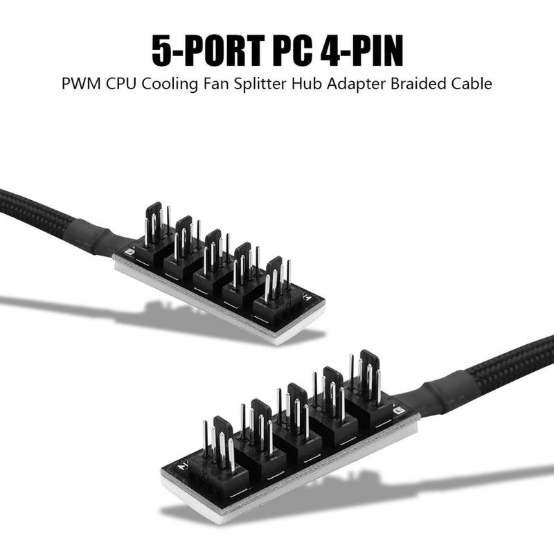 Richer-R 4-pin fan splitter cable, 5-port fan hub 4-pin PWM CPU fan splitter hub adapter cable, PC case fan cable 1 female to 5 male fan cable adapter black