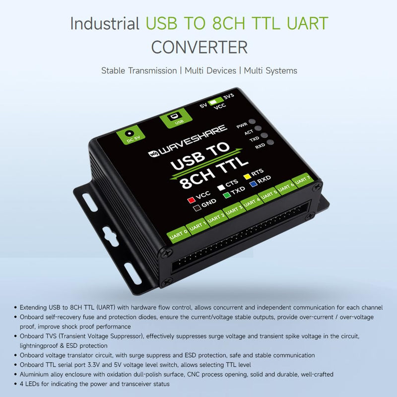 Waveshare Industrial USB to 8 Channel TTL Converter, USB to UART, Multiple Protection Circuits, Support Multiple Systems, USB to TTL Adapter