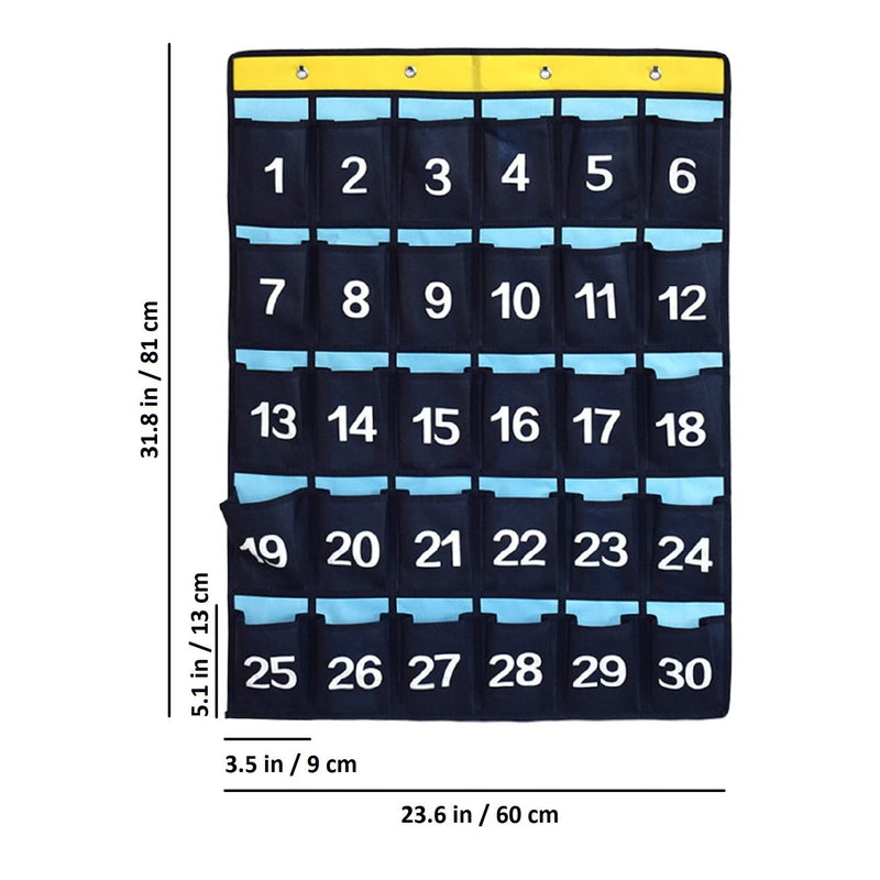 2 Pack Numbered Classroom Phone Organizer Calculator Holder Storage Over Door Hanging School Pocket Chart with 30 Pockets (Blue) Blue