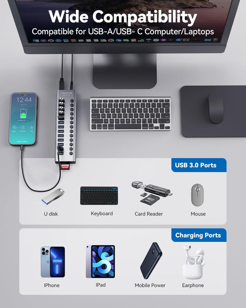 Powered USB 3.0 Hub, Wenter 13 Ports Powered USB Hub with SD/TF Card Reader, Aluminum USB Splitter with Individual On/Off Switches, 12V/3A 36W Power Adapter for PC/Laptops Aluminum 13 Ports
