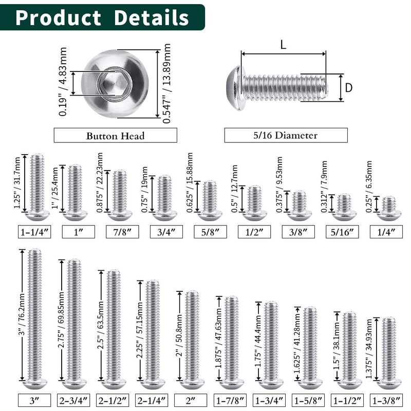 5/16-18 x 1-1/2" Button Head Socket Cap Bolts Screws, 304 Stainless Steel 18-8, Full Thread, Coarse Thread, Allen Hex Drive, 50 PCS 5/16-18 x 1-1/2"