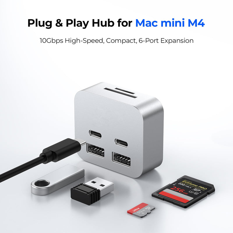 Mac mini M4 Dock, MiniPack Expansion Dock, 6-in-1 Aluminum Mac mini M4 Hub with 2xUSB A 10Gbps, 2xUSB C 10Gbps, SD/TF Card Readers with High-Speed Data Transfer & Multi-Device Connectivity