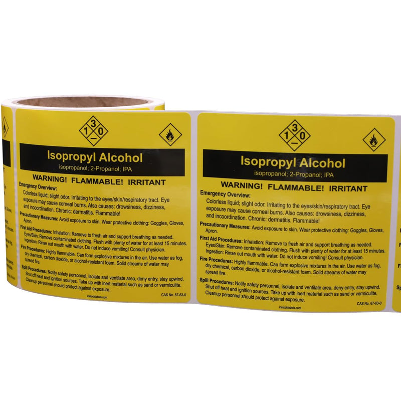 Isopropyl Alcohol Chemical Safety Procedure Stickers, 4 x 4 Inches, Emergency Overview, Precautionary Measures, First Aid, Fire, Spill Procedures, Chemical Safety Info, 100-Pack