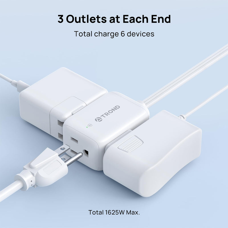 TROND Split Extension Cord with Surge Protection, Twin 6ft Each Side, White | Flat Plug For Tight Spaces, Low-Profile Outlet Extender, 3 AC, 900J, 1625W, Hide Behind the Middle of Sofa Couch Bed TV Stand 6 FT