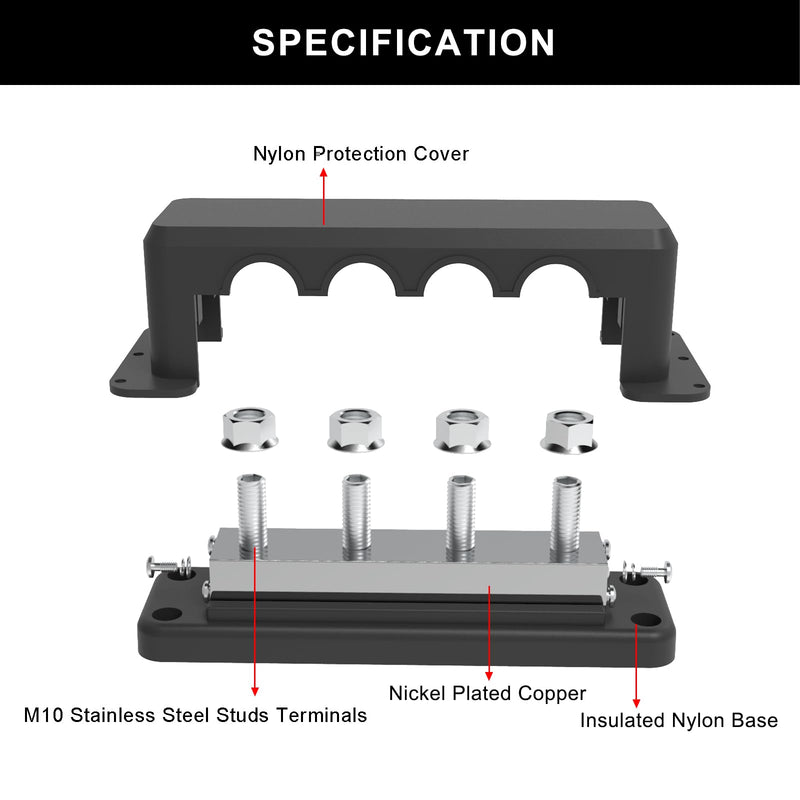 600A Bus Bar 12V Power Distribution Block with 3/8" (M10) 4-Posts Heavy Duty Terminals Block with Cover for Automotive, Marine, Battery System (Black) 3/8" - Black
