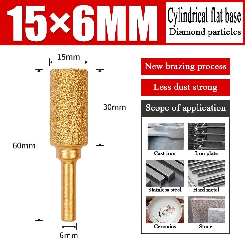 Diamond Grinding Head 15mm Cylinder Type 6mm Round Handle Coarse Grit Polishing Burr for Wood Stone Carving Metal Grinding Stainless Steel Deburring Ceramic Trimming (1 Piece)