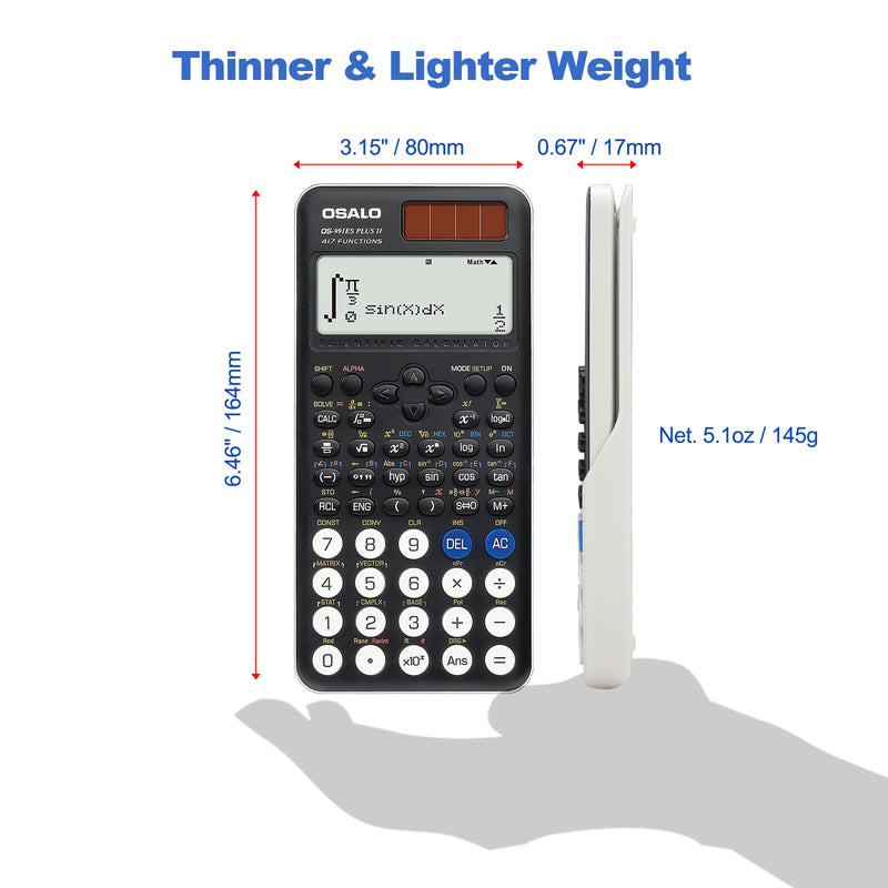 OSALO Scientific Calculator 417 Function 2 Line Written Display 10+2 Digits Solar and Battery Calculators for Students