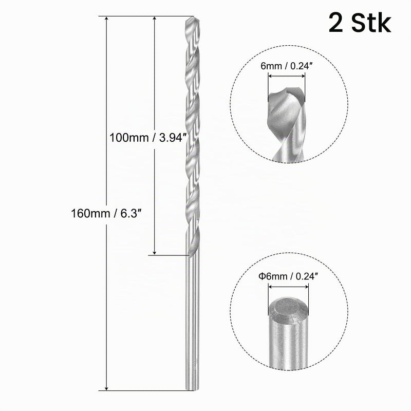 sourcing map 2 x HSS twist drills (high-speed steel) extra long twist drill bits 6 mm drill diameter 160 mm length 6x160mm