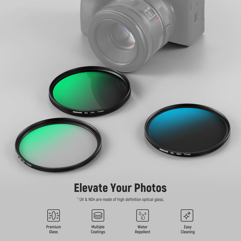 NEEWER 77mm UV/CPL/ND Lens Filter Kit with Hard Shell Storage Case, Multicoated Optical Glass & Aluminum Alloy Frame, UV + Circular Polarizer (CPL) + Neutral Density (ND4) Filter for 77mm Camera Lens
