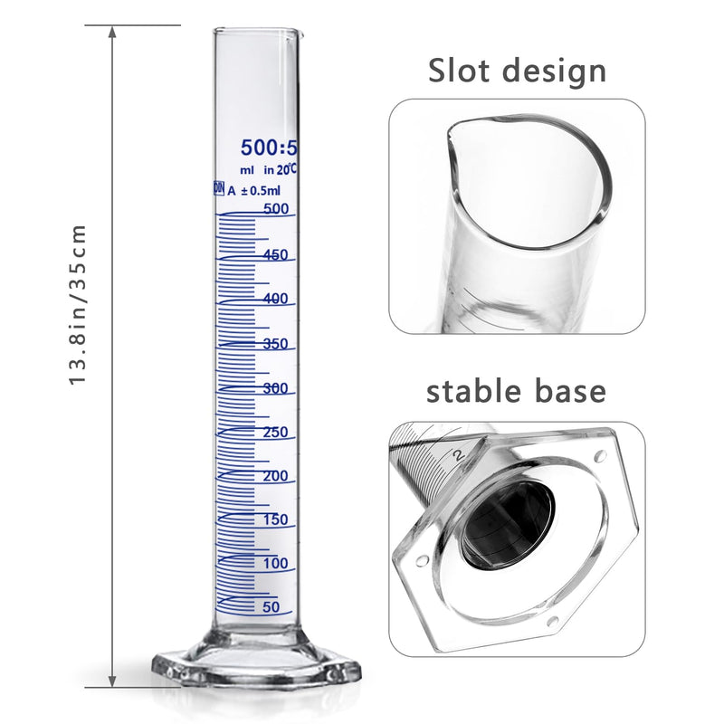 Thick Glass Graduated Cylinder Measuring Liquid Lab Hexagon Base Cylinders Come with Glass Dropper (Glass, 500ML)