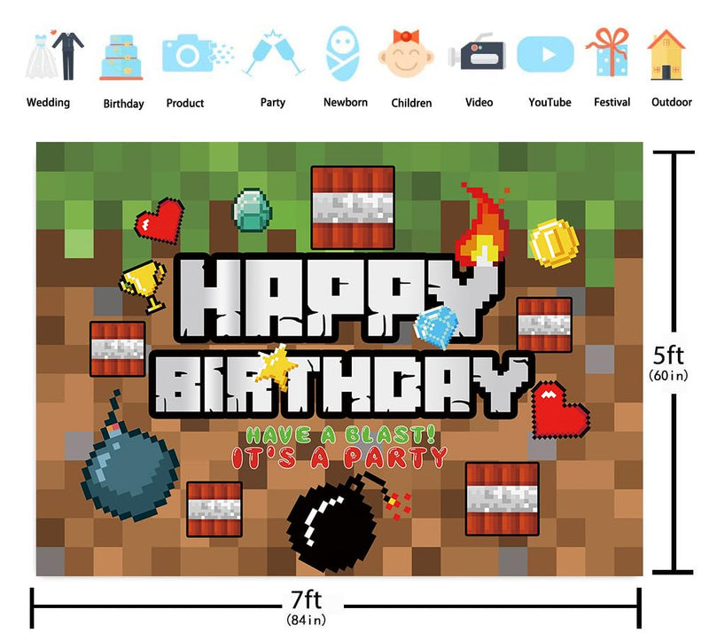 Pixel Happy Birthday Backdrop Video Game Themed Party Photography Background Kids Boy Birthday Video Gaming Battle Gamer Party Supplies Cake Table Decor Banner (7X5FT) 7X5FT