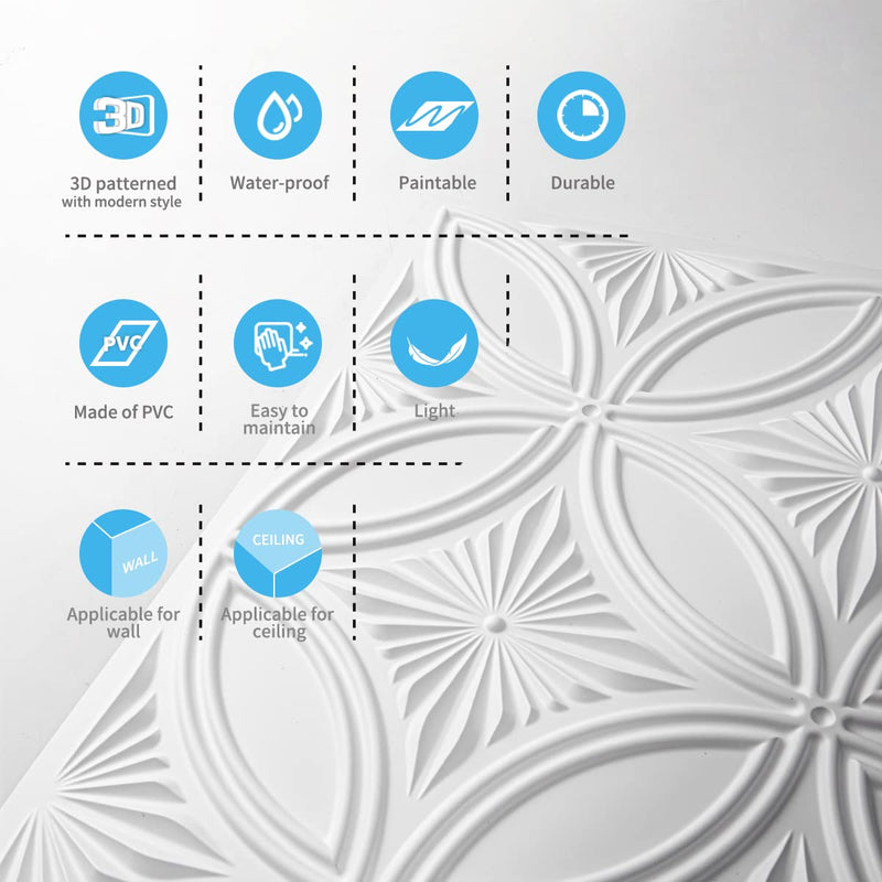 Art3d Decorative PVC Drop Ceiling Tile 2ft x 2ft in White,Glue up Ceiling Panel 24 x 24in.12pcs 24*24