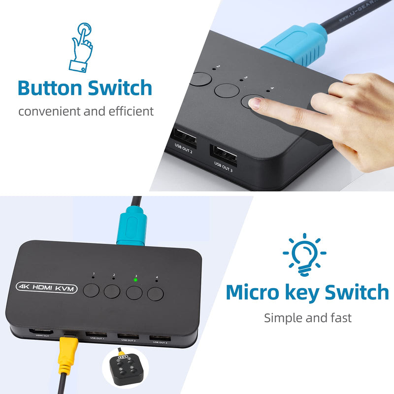4K HDMI KVM Switch, 4 Port HDMI USB Switch for 4 Computer Share a 4K@30Hz Monitor and 3 USB Device Keyboard Mouse Printer, Including 4 KVM Cables
