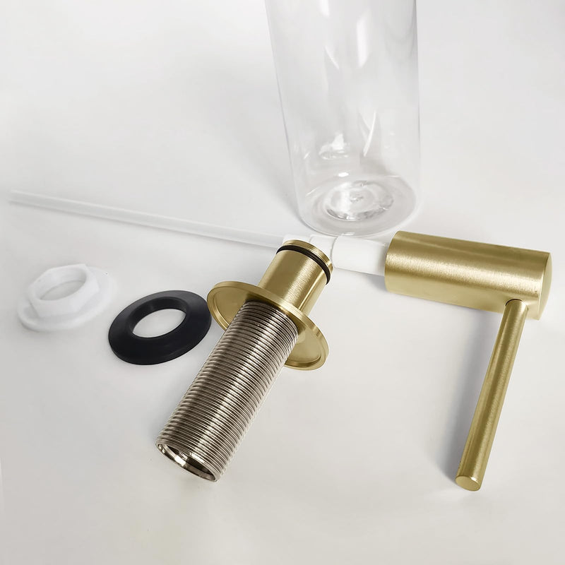 EADOT Brushed Gold Built in Dish Soap Dispenser for Kitchen Sink with 17 OZ PET Soap Bottle Refill from The Top, Under Counter Brass Pump Head Liquid Lotion Dispenser, Undermount Copper Pump Head