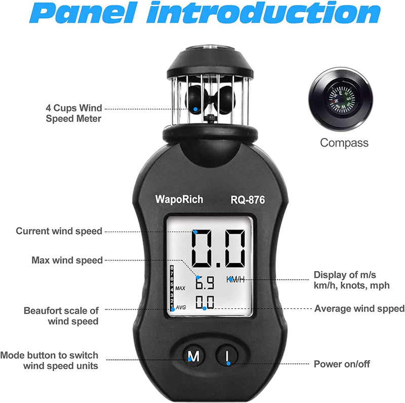Mini Wind Gauge, 360° Cup Anemometer Handheld Wind Gauge Measures Wind Speed 0.7-42m/s with Compass for Sailing, Hunting, Drone Flight RQ-876