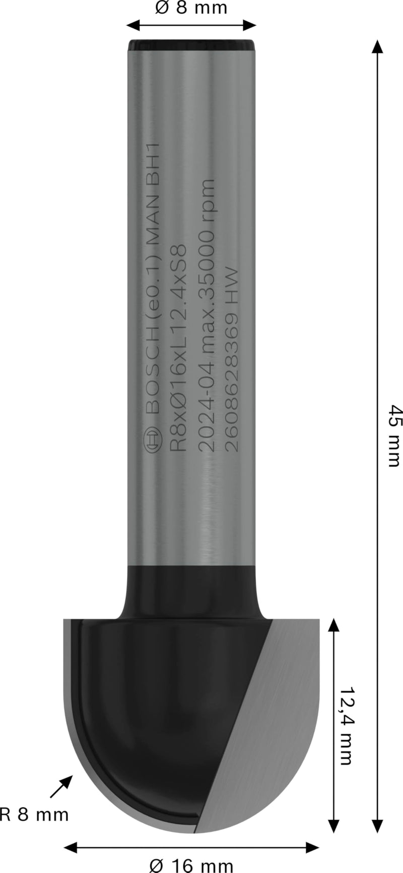 Bosch 2 608 628 369 Core Box Bits 8 mm, R1 8 mm, D 16 mm, Working Length 12.7 mm, Total Length 45 mm L 8 mm silver/black