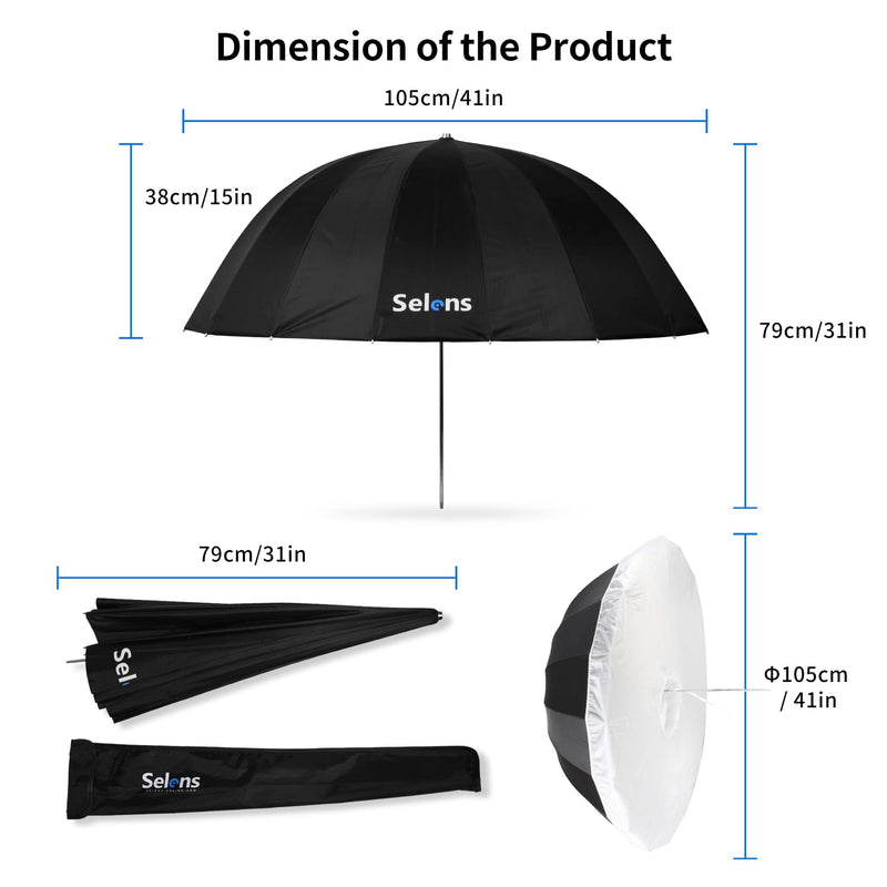 Selens 41 Inch Parabolic Umbrella with Diffuser Cover, Collapsible Black/Silver 16 Ribs Reflective Umbrella for Photo Studio Flash Speed Light 41inch Umbrella with Diffuser