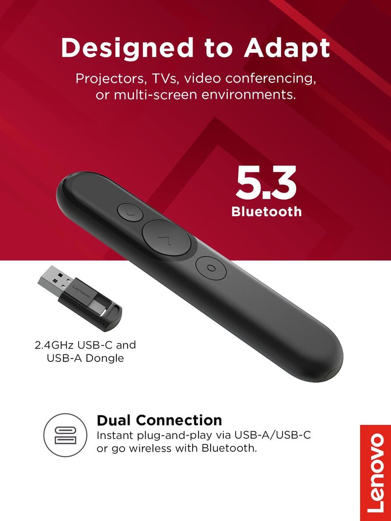 Lenovo Laser Rechargeable Presentation Remote, Bluetooth & USB, Digital & Laser Pointer, LCD Screen, Rechargeable Battery, 30M Range, Black, 500mm Cable Length