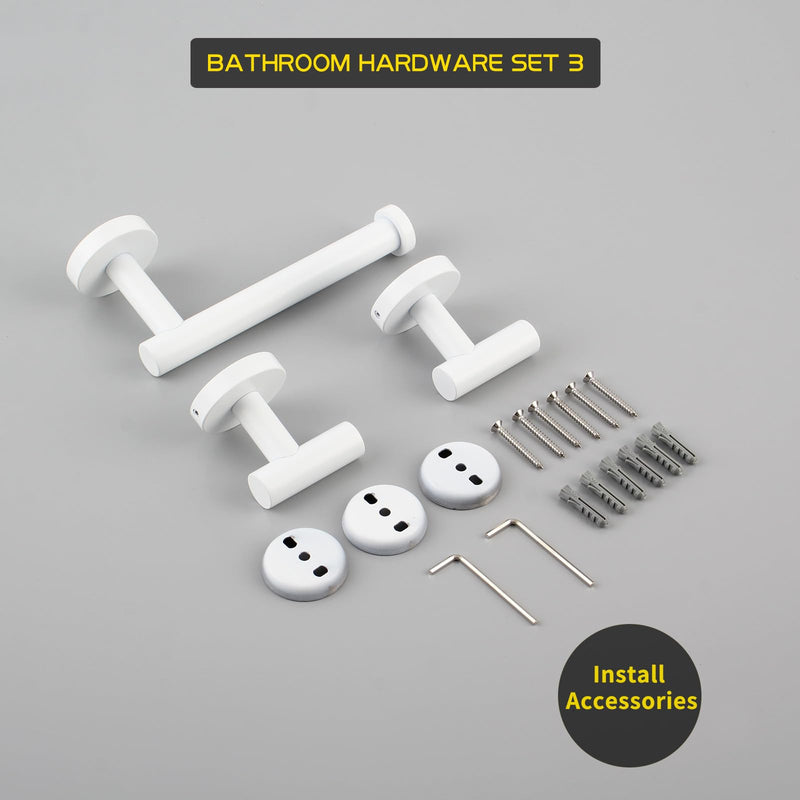 GERZWY 3-Piece Bathroom Accessories Hardware Set SUS 304 Stainless Steel - 2X Coat Hook Toilet Paper Holder, White