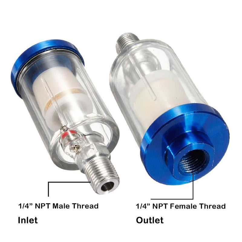 beduan Water Oil Separator Filter, 1/4" NPT Male and Female Thread Spray Gun Filters Air Line Compressor Fitting （Pack of 2） blue