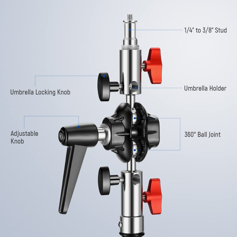 Neewer Heavy Duty Light Stand Head Adapter with All Metal Dual Swivel Ball Joint, Dual 5/8'' Receivers, 1/4'' to 3/8'' Convertor Spigot Stud, 3/8'' to 5/8'' Screw, for C Stand, Max Load 14lb, UA020