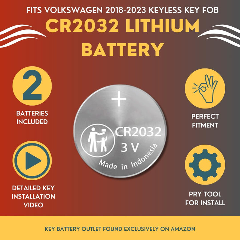 Key Fob Battery CR2032 for VW Volkswagen (2 Pack) Atlas Jetta Tiguan Arteon Passat Golf Alltrack Remote Key Battery Replacement (KR5FS14-US) Check Fitment Guide CR2032 2 Pack